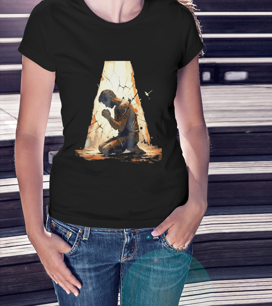 Man Kneeling In Prayer Spiritual Faith Devotion Cracked Wall And Light T-Shirt