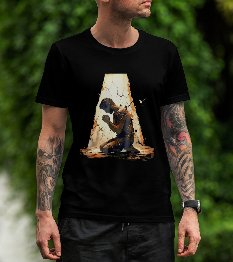 Man Kneeling In Prayer Spiritual Faith Devotion Cracked Wall And Light T-Shirt
