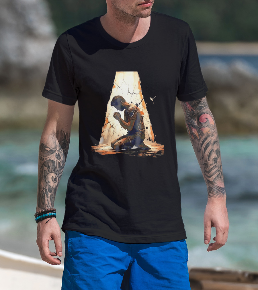 Man Kneeling In Prayer Spiritual Faith Devotion Cracked Wall And Light T-Shirt