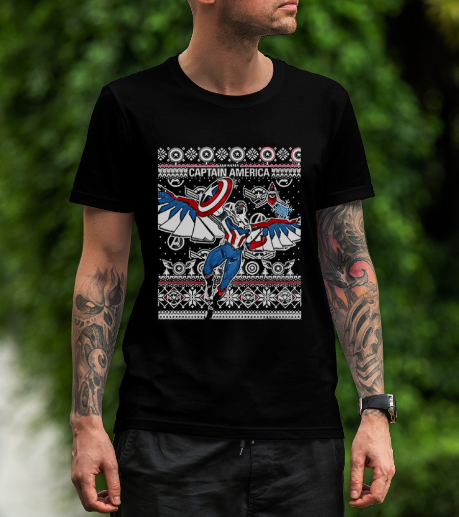 Marvel Captain America Sam Wilson Christmas Sweater Style Festive Holiday T-Shirt