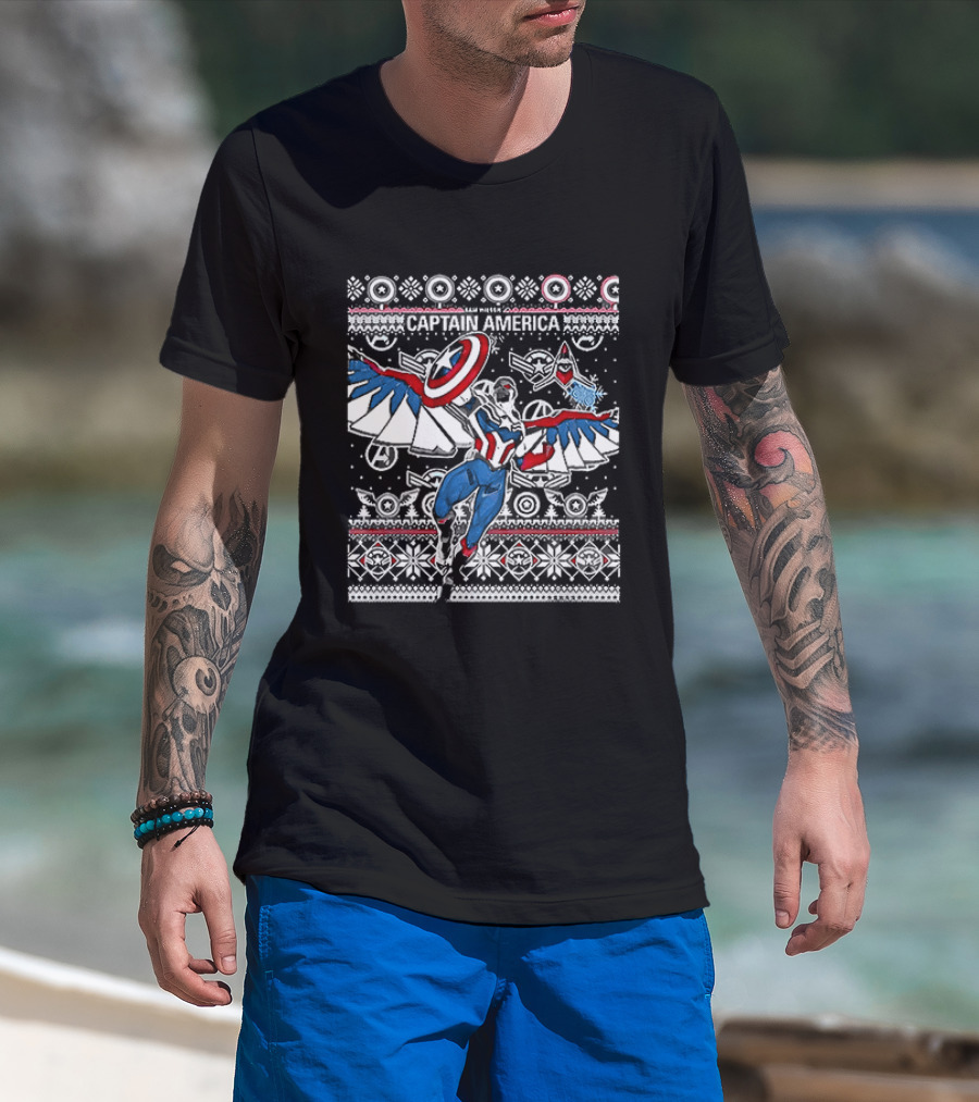 Marvel Captain America Sam Wilson Christmas Sweater Style Festive Holiday T-Shirt