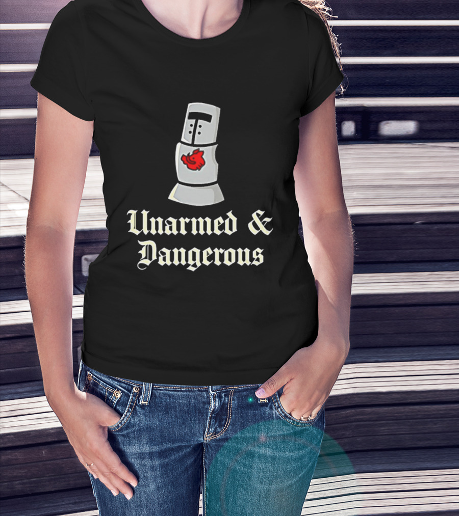 Unarmed And Dangerous Classic Medieval Helmet With Red Mark T-Shirt