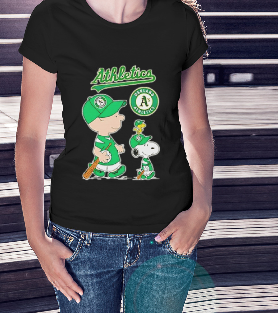 Oakland Athletics MLB Charlie Brown Snoopy Woodstock Baseball Peanuts Characters T-Shirt