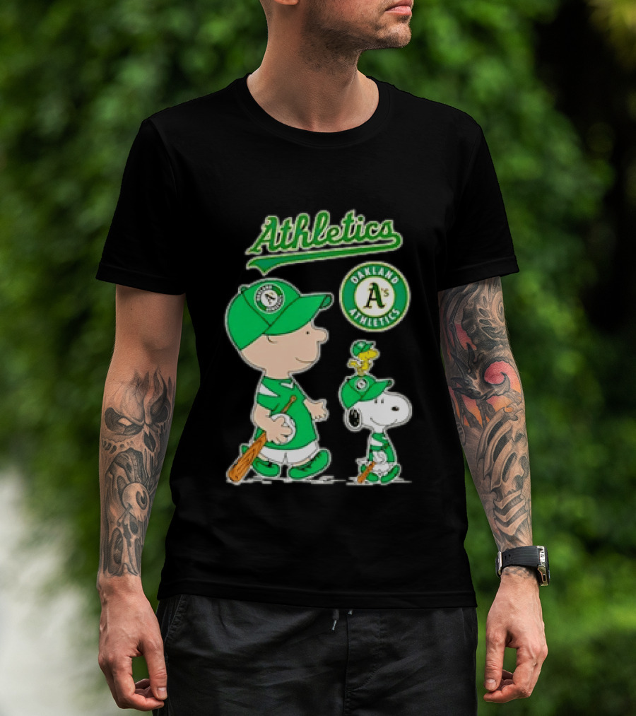 Oakland Athletics MLB Charlie Brown Snoopy Woodstock Baseball Peanuts Characters T-Shirt