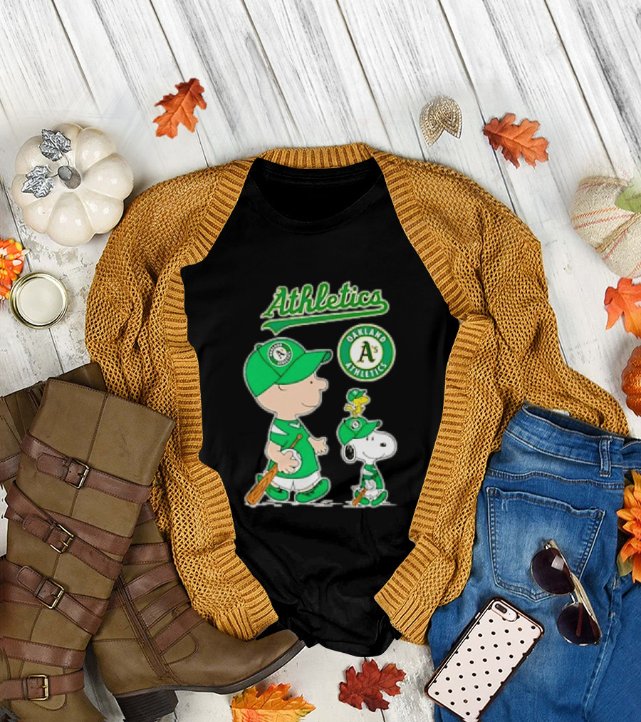 Oakland Athletics MLB Charlie Brown Snoopy Woodstock Baseball Peanuts Characters T-Shirt