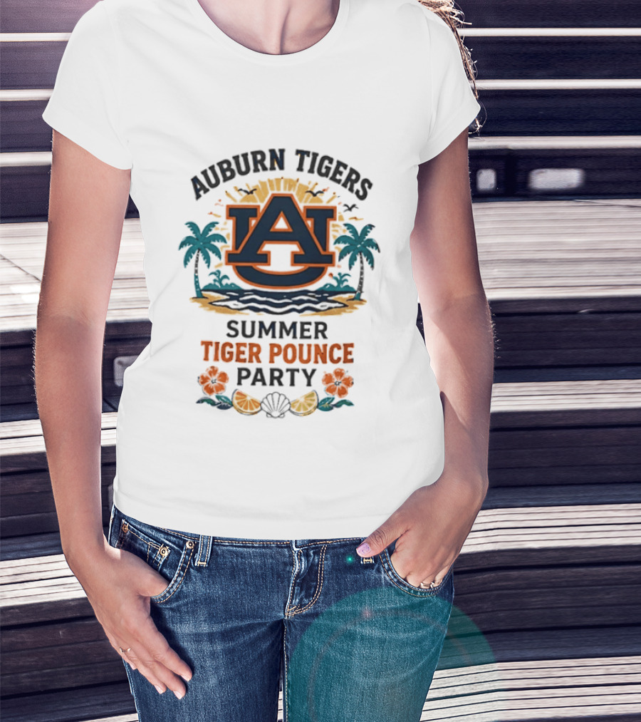 Auburn Tigers Summer Tiger Pounce Party Tropical Beach Scene T-Shirt