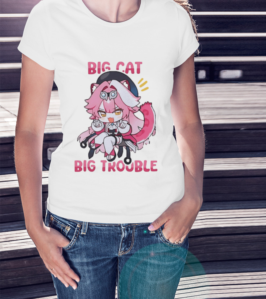 Big Cat Big Trouble Chibi Character With Pink Hair And Tail T-Shirt