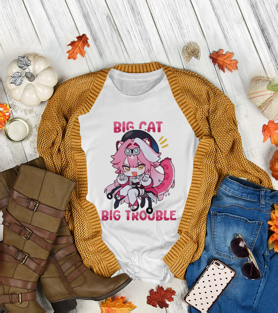 Big Cat Big Trouble Chibi Character With Pink Hair And Tail T-Shirt
