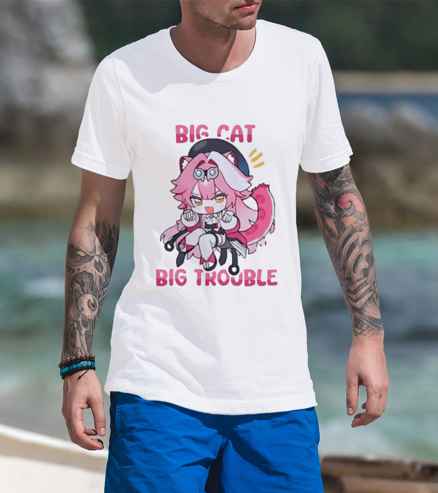 Big Cat Big Trouble Chibi Character With Pink Hair And Tail T-Shirt