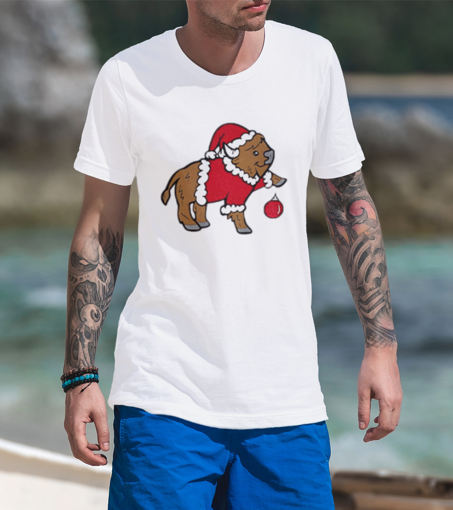 Buffalo In Santa Suit Holding Christmas Bauble Buffalo Bills 2025 Football Holiday T-Shirt