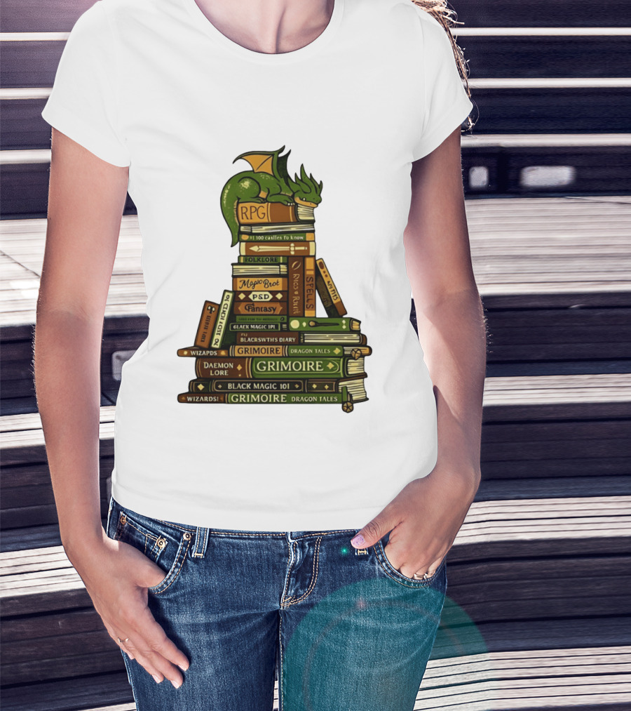 Dragon Resting On RPG Fantasy Grimoire Magic Books Stack T-Shirt