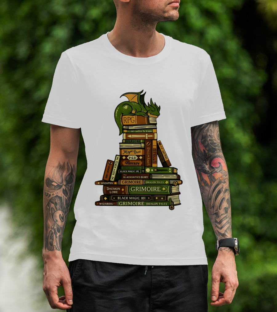 Dragon Resting On RPG Fantasy Grimoire Magic Books Stack T-Shirt