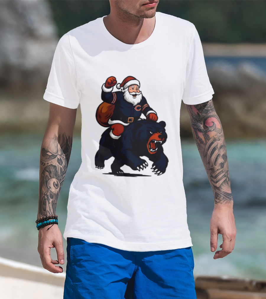 Chicago Bears Santa Claus Riding Bear Christmas Football T-Shirt