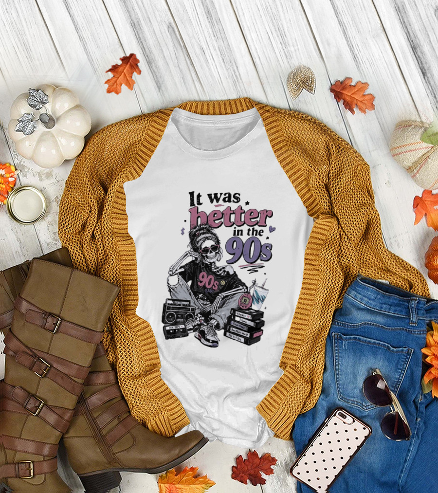 It Was Better In The 90s Skeleton Nostalgia Vibes Cassette Tapes And Books T-Shirt