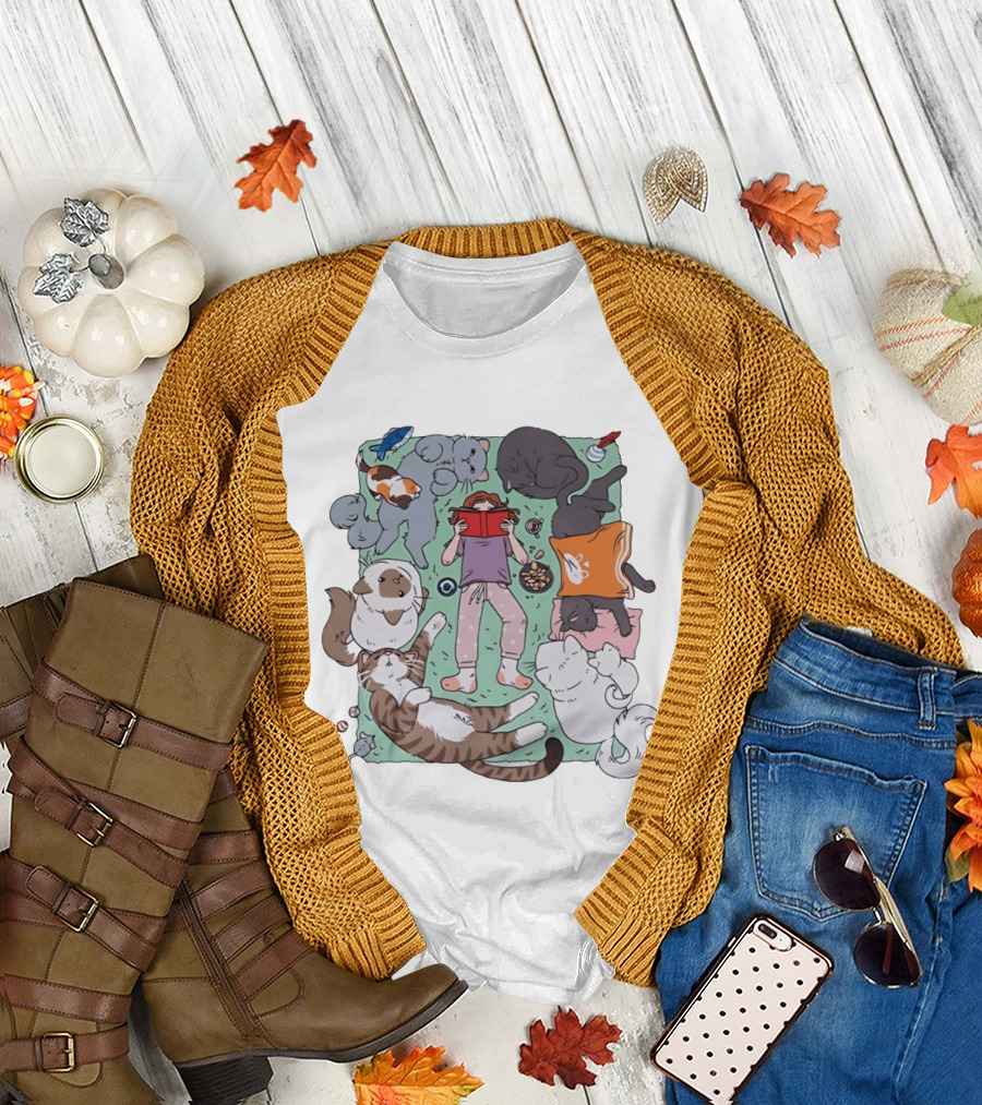 Girl Reading A Book With Cats Around Her Cat Lover T-Shirt