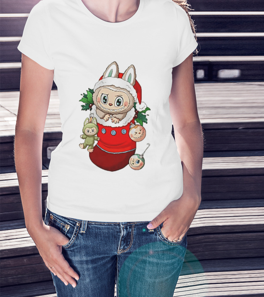 Stocking Stuffer Labubu Christmas Santa Hat Holly Ornaments T-Shirt
