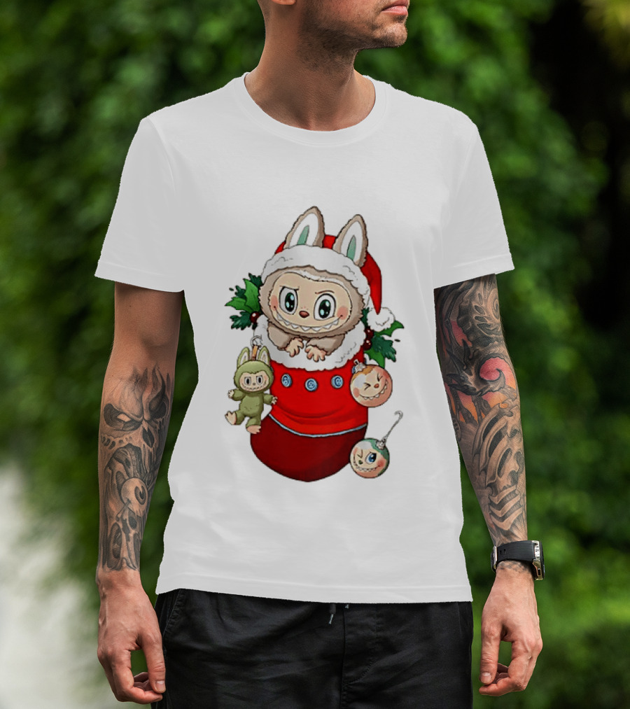 Stocking Stuffer Labubu Christmas Santa Hat Holly Ornaments T-Shirt