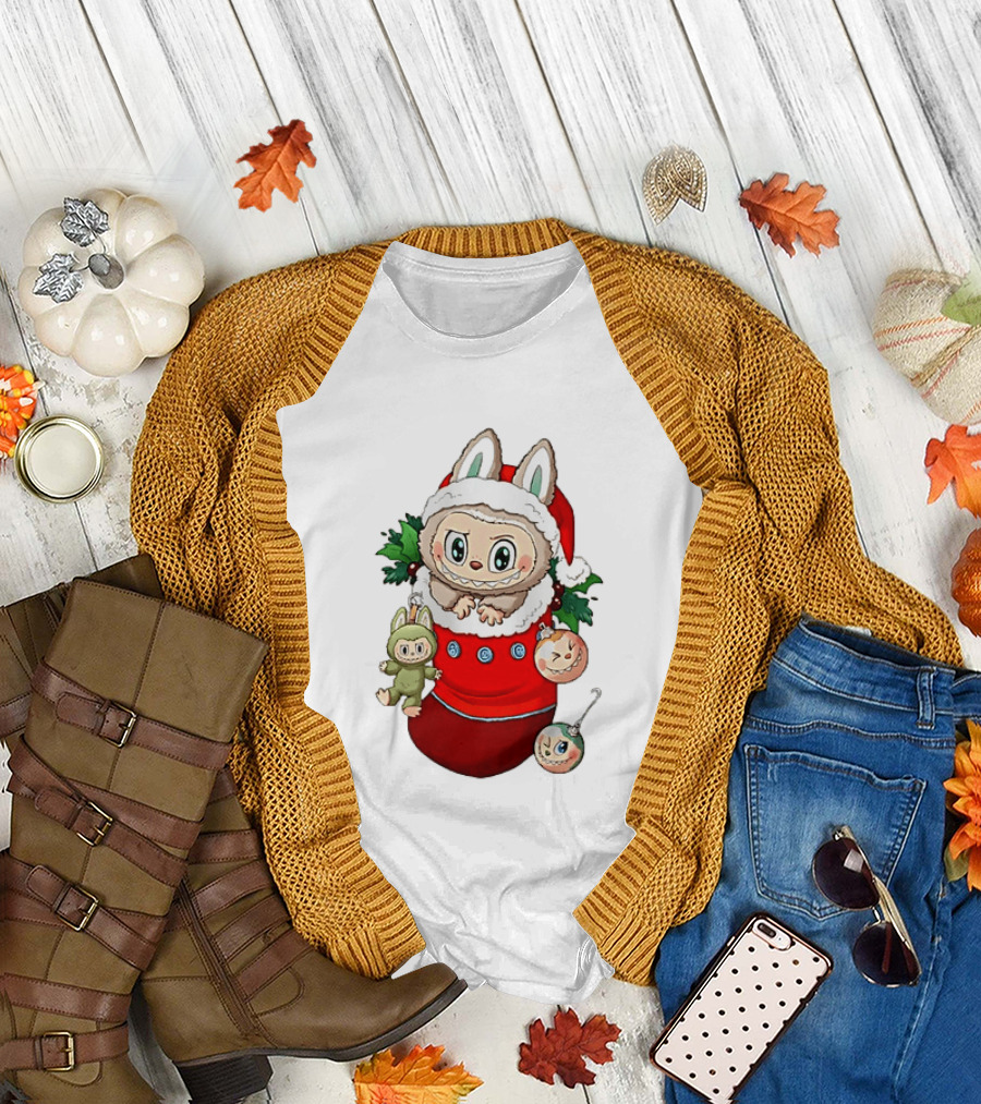 Stocking Stuffer Labubu Christmas Santa Hat Holly Ornaments T-Shirt