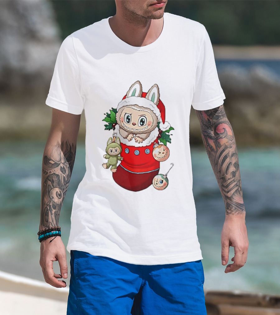 Stocking Stuffer Labubu Christmas Santa Hat Holly Ornaments T-Shirt