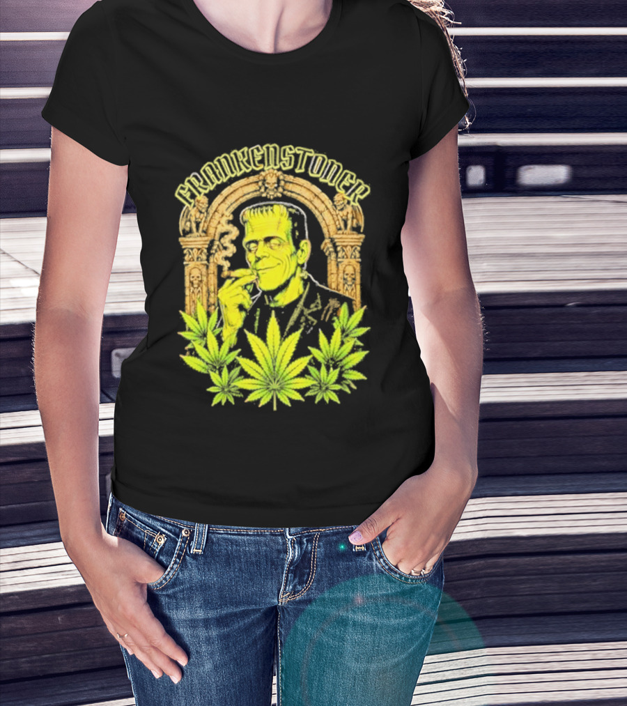 Frankenstoner Frankenstein Marijuana Smoking Arch Skulls T-Shirt