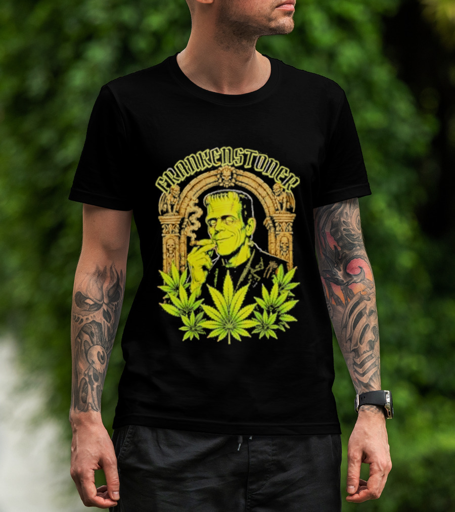 Frankenstoner Frankenstein Marijuana Smoking Arch Skulls T-Shirt