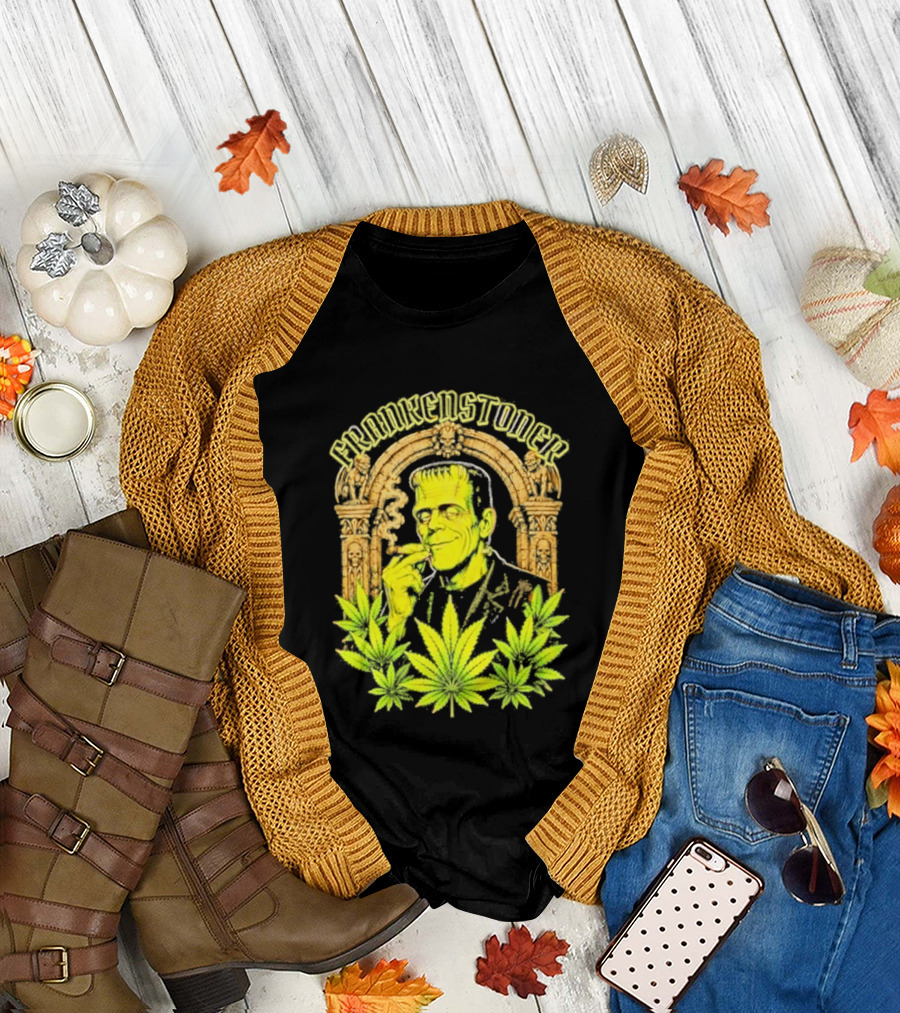 Frankenstoner Frankenstein Marijuana Smoking Arch Skulls T-Shirt