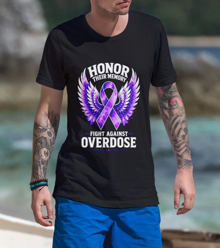 Honor Their Memory Fight Against Overdose Purple Ribbon Wings T-Shirt