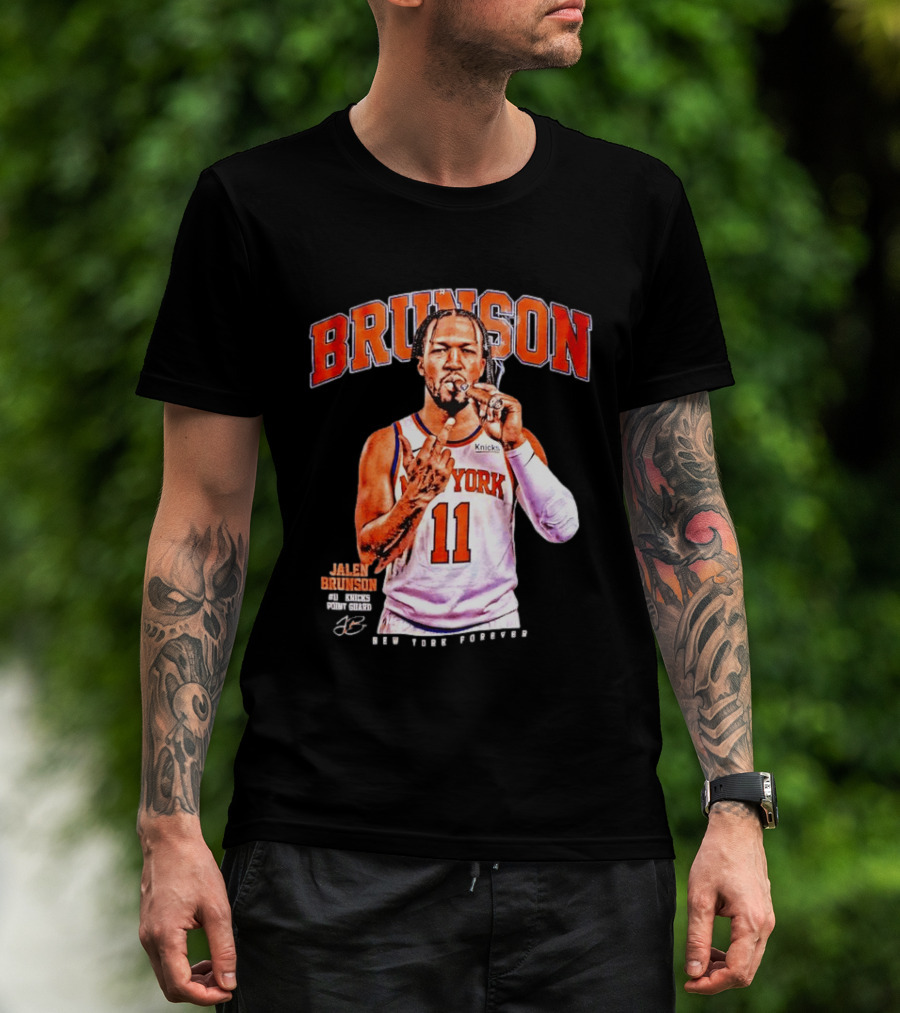 Jalen Brunson Middle Finger New York Knicks NBA Point Guard Brunson 11 Old Yolk Records Knicks T-Shirt