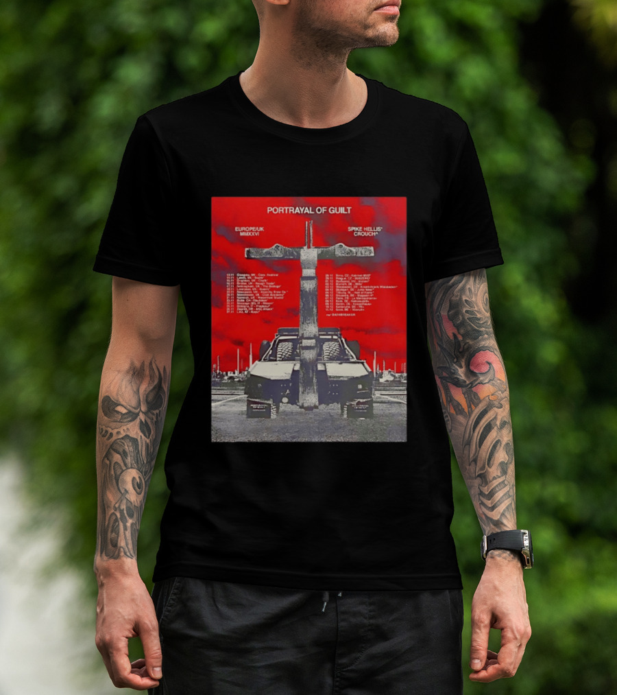 Portrayal Of Guilt Europe UK MMXXVI Spike Hellis Crouch Oathbreaker Tour Dates Tire Tracks Industrial Red T-Shirt