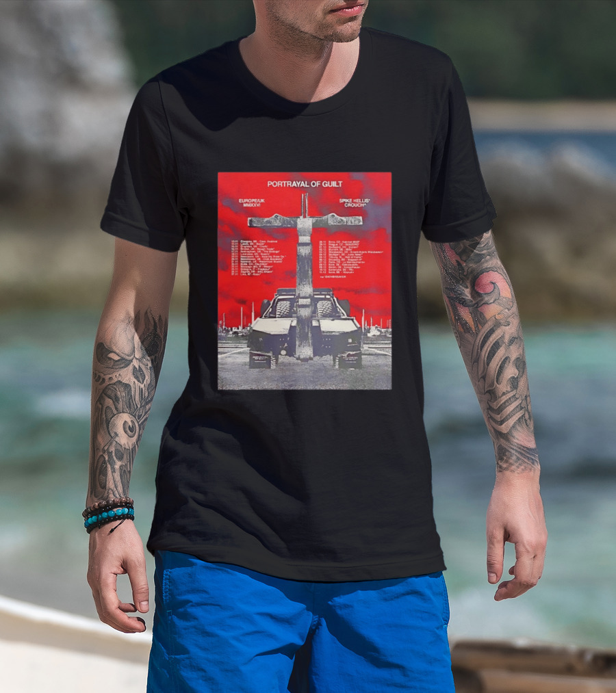 Portrayal Of Guilt Europe UK MMXXVI Spike Hellis Crouch Oathbreaker Tour Dates Tire Tracks Industrial Red T-Shirt