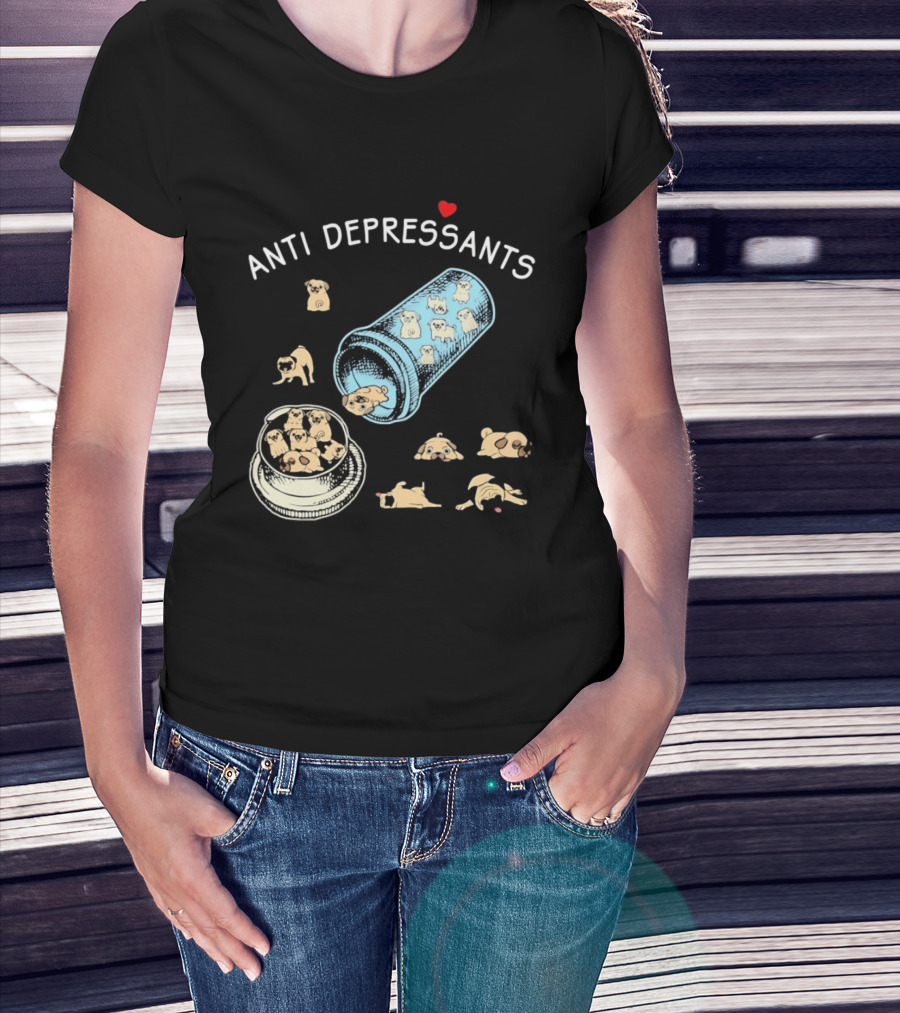 Anti Depressants Pug Puppies In Pill Bottle T-Shirt