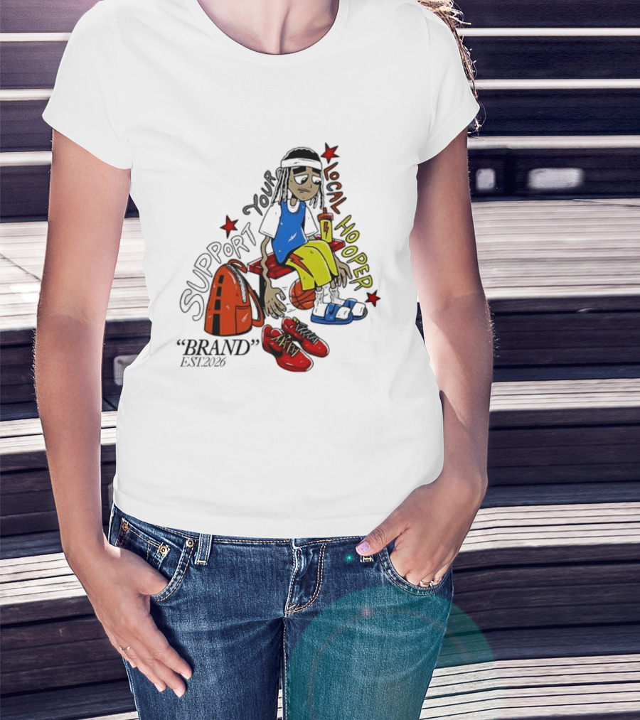 Support Your Local Hooper Cartoon Basketball Player Backpack Red Shoes Brand Est 2026 T-Shirt