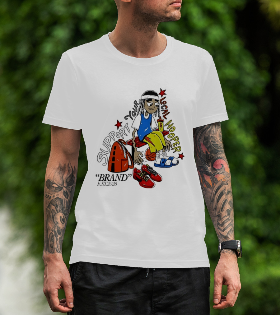 Support Your Local Hooper Cartoon Basketball Player Backpack Red Shoes Brand Est 2026 T-Shirt