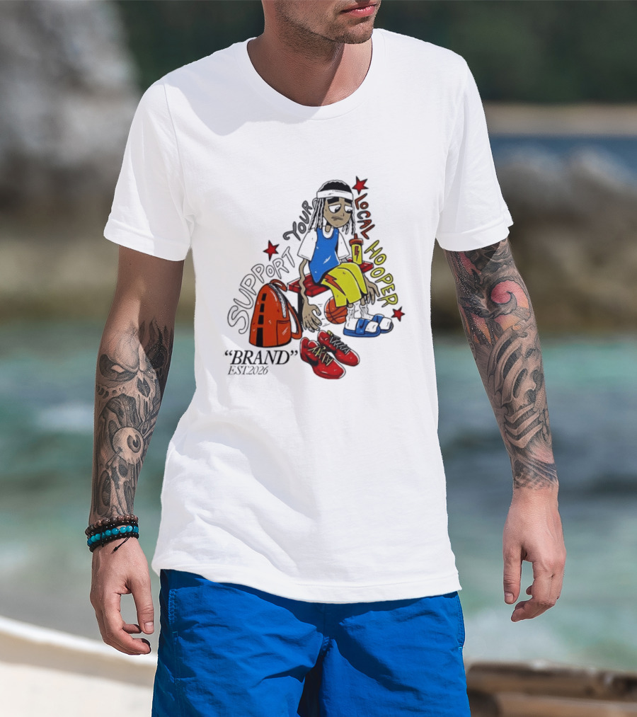 Support Your Local Hooper Cartoon Basketball Player Backpack Red Shoes Brand Est 2026 T-Shirt