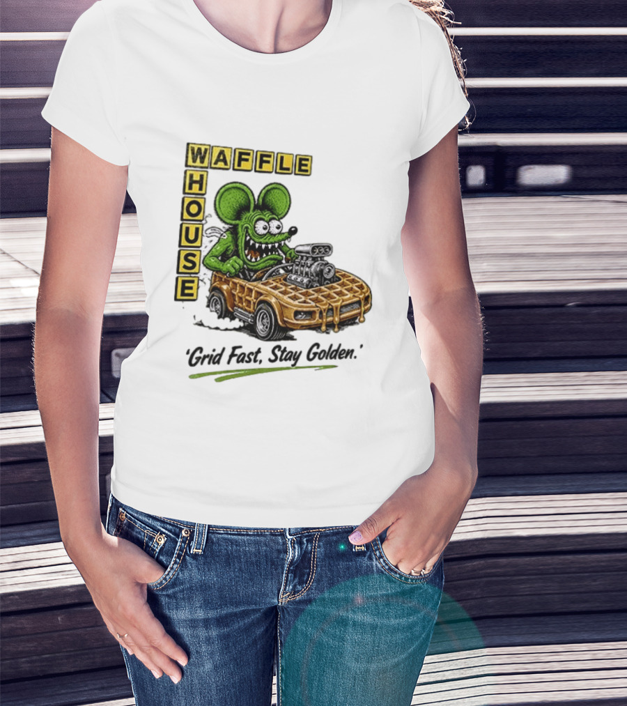 Rat Fink Waffle House Grid Fast Stay Golden Car Racer T-Shirt
