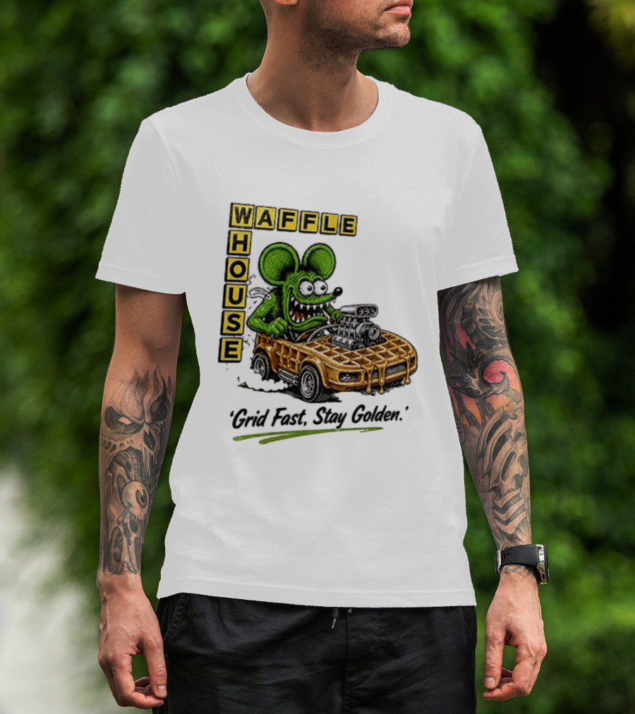 Rat Fink Waffle House Grid Fast Stay Golden Car Racer T-Shirt