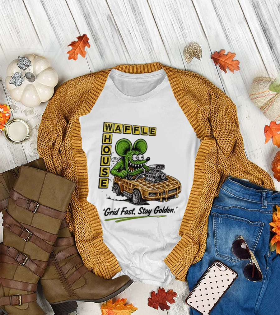 Rat Fink Waffle House Grid Fast Stay Golden Car Racer T-Shirt