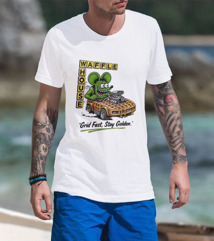 Rat Fink Waffle House Grid Fast Stay Golden Car Racer T-Shirt