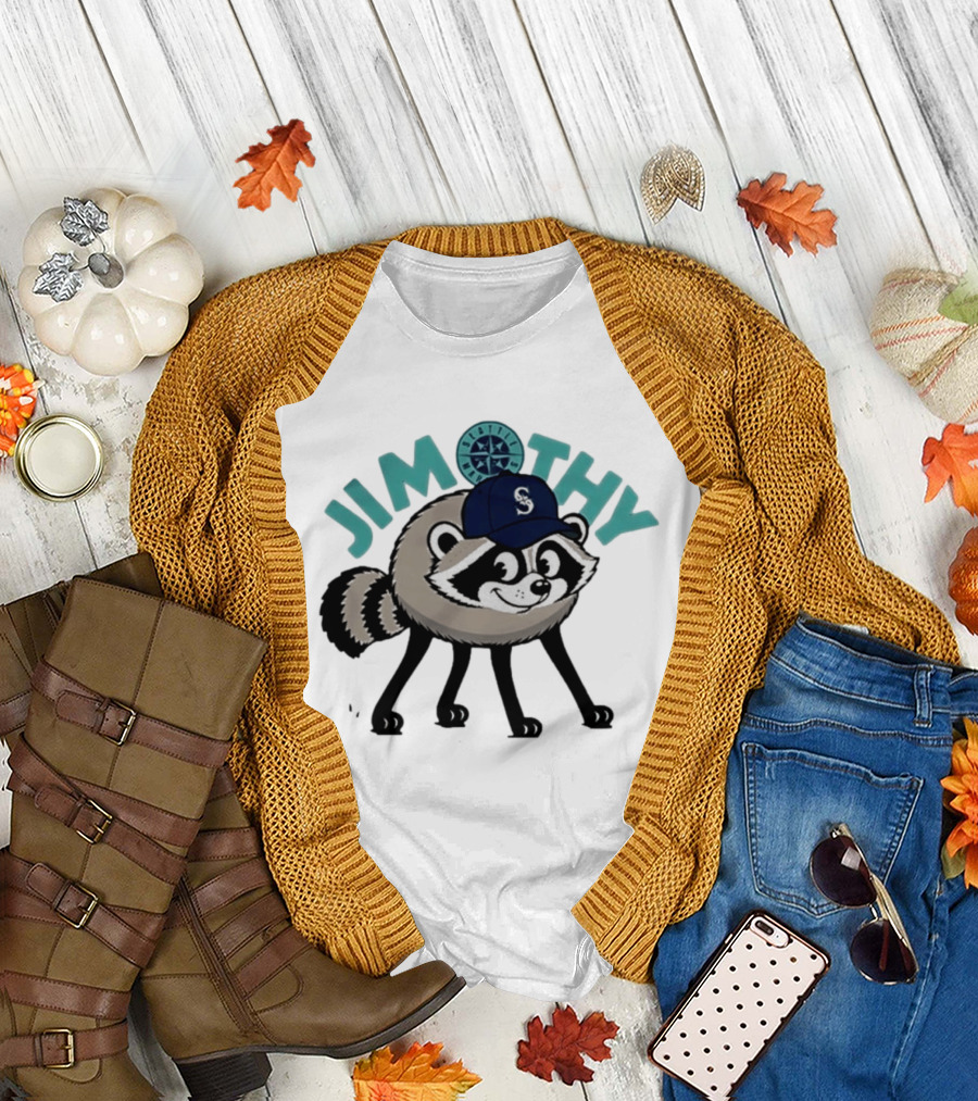 Seattle Mariners Jimothy Raccoon Character With Team Cap And Compass T-Shirt