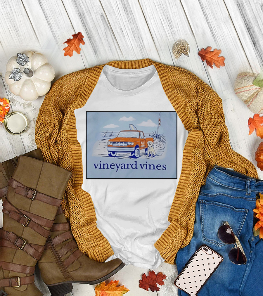 Vineyard Vines Beach Dog And Surf Truck Scene With Golden Retriever T-Shirt