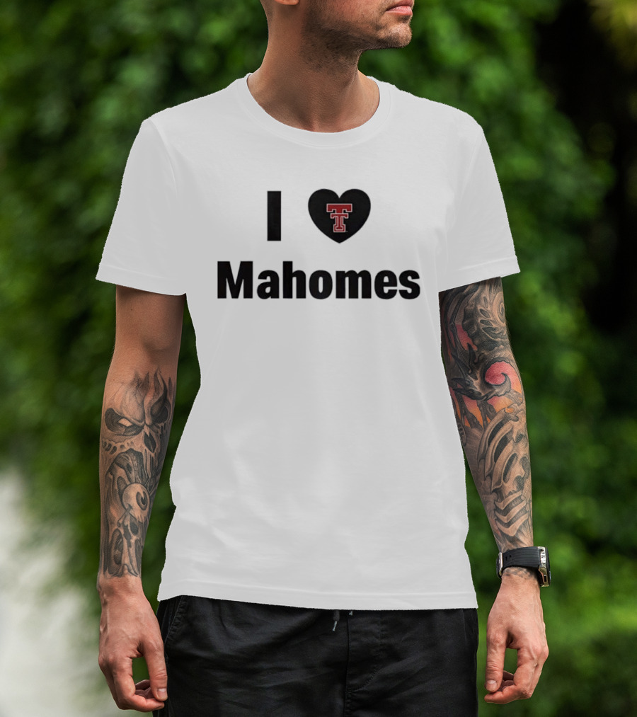 Texas Tech Red Raiders I Love Mahomes Double Heart Black T-Shirt