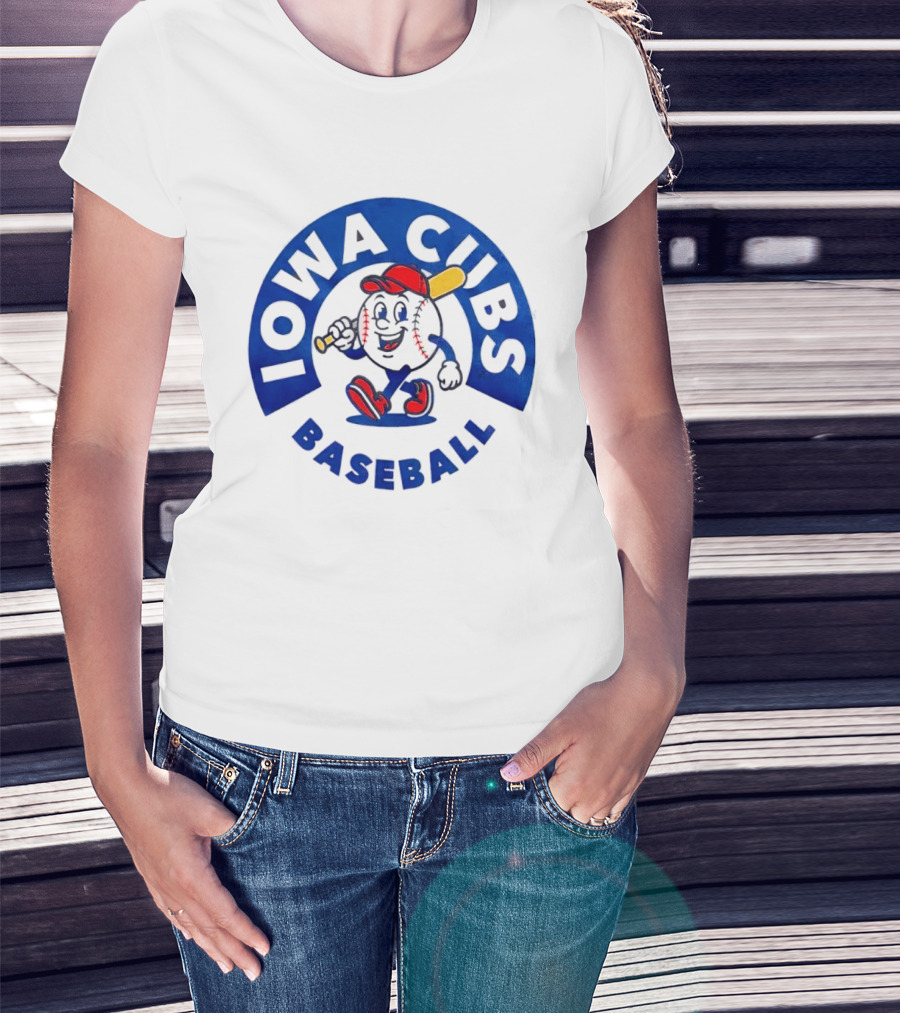 Iowa Cubs MLB Baseball Cartoon Walking Ball Bat Red Cap T-Shirt