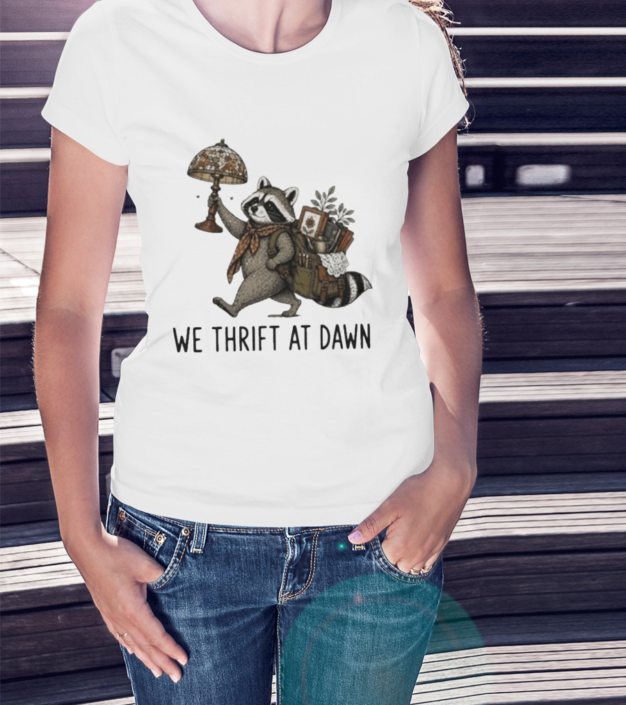 Raccoon With Backpack And Lamp We Thrift At Dawn T-Shirt