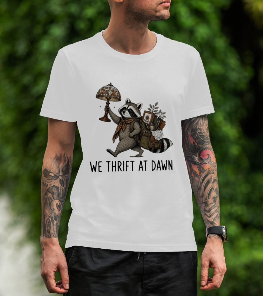 Raccoon With Backpack And Lamp We Thrift At Dawn T-Shirt
