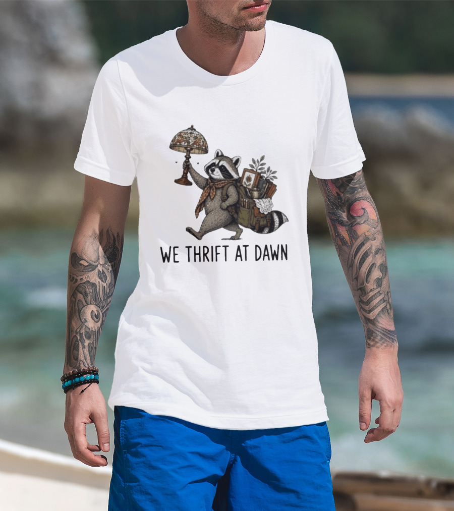 Raccoon With Backpack And Lamp We Thrift At Dawn T-Shirt
