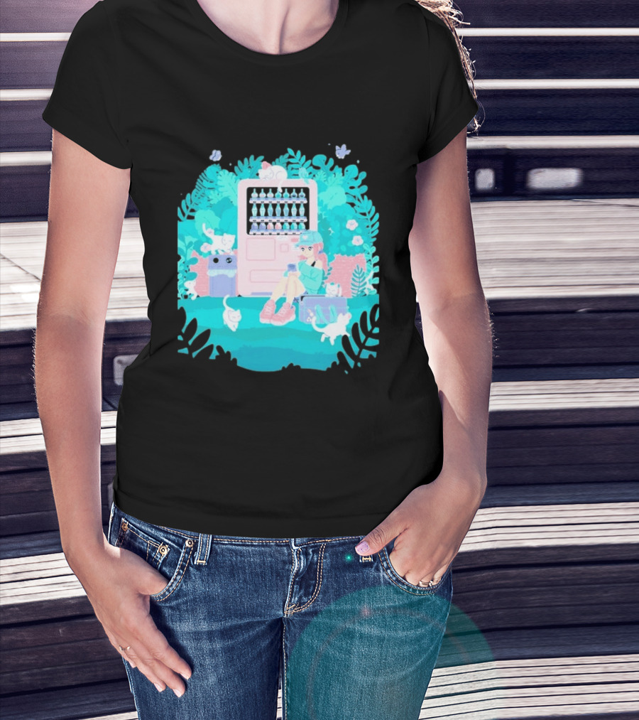 Cat Vending Machine Pastel Aesthetic With Sitting Girl And Cats T-Shirt
