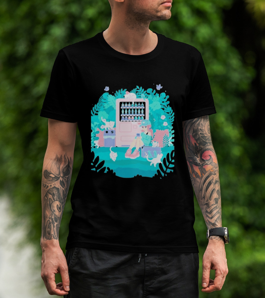 Cat Vending Machine Pastel Aesthetic With Sitting Girl And Cats T-Shirt