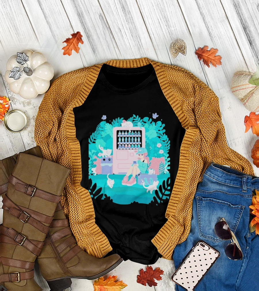 Cat Vending Machine Pastel Aesthetic With Sitting Girl And Cats T-Shirt