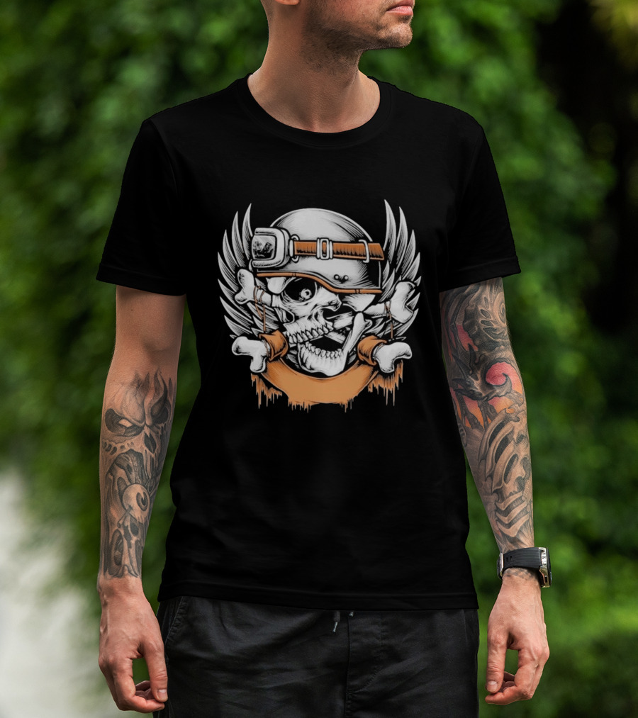 Skull With Helmet Winged Bones Biker Motif T-Shirt