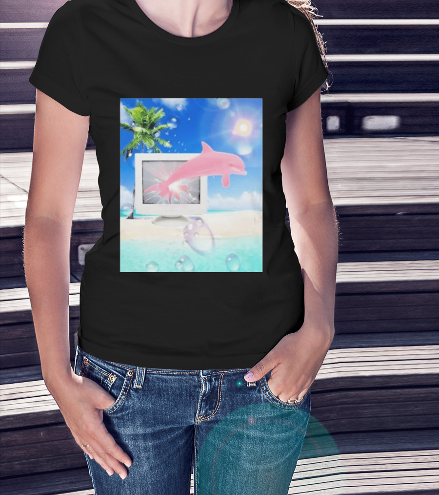 Frutiger Aero Y2k Vaporwave Palm Tree Pink Dolphin Cyberpunk Aesthetic T-Shirt